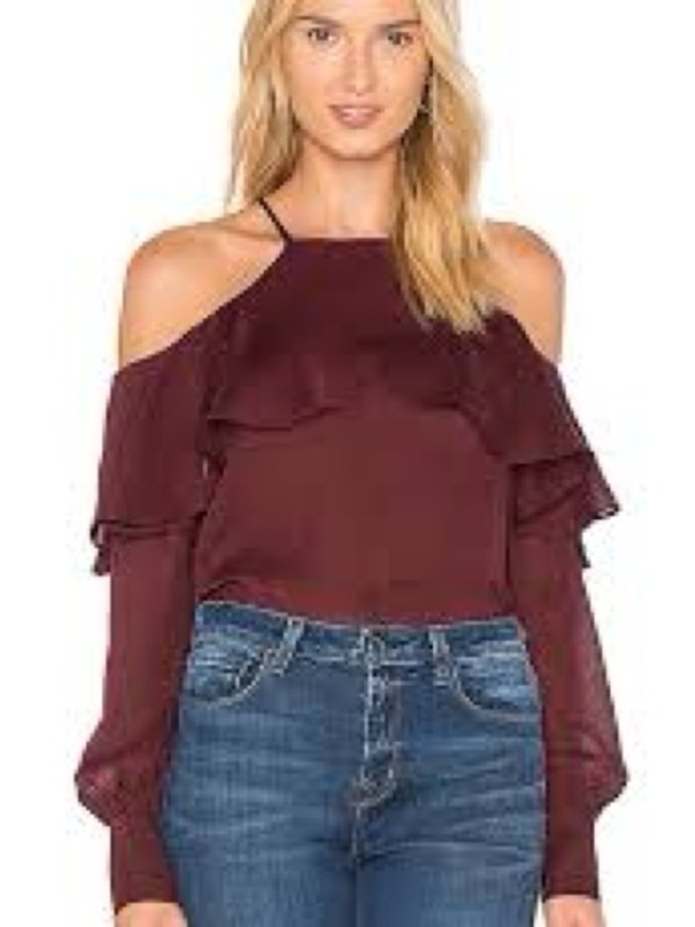 NWOT Line + Dot Philipa Cold-Shoulder Ruffle Long-Sleeve Top in Burgundy